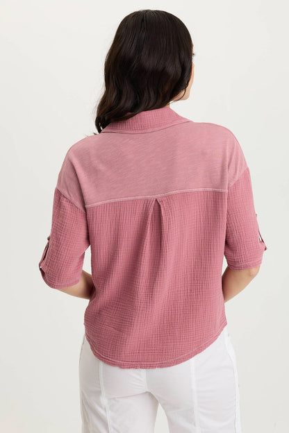 Maurise Gauze/Jersey Tabbed-Sleeve Snap-Up Top