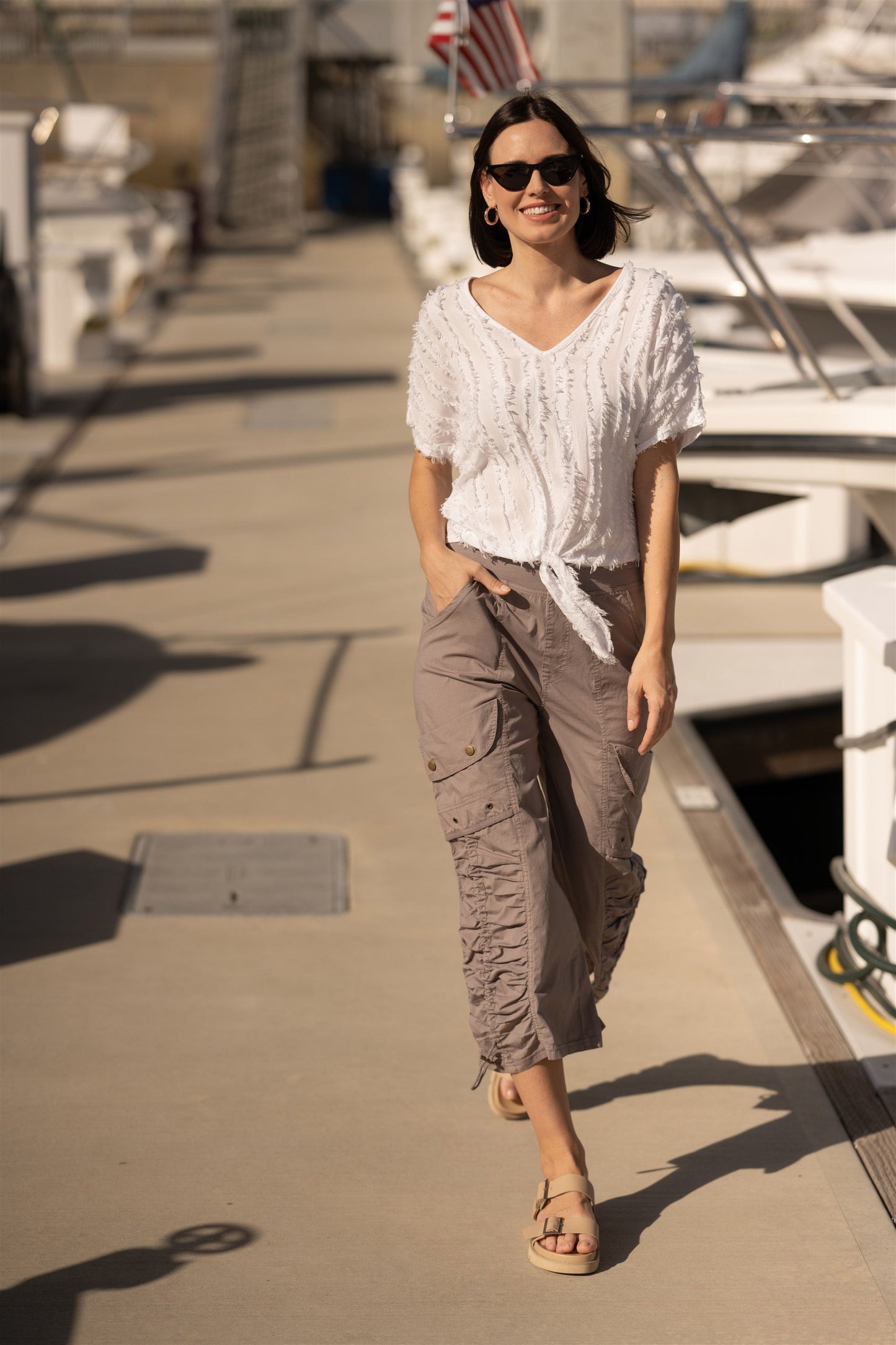Curine Stripe Voile/Jersey Knotted V-Neck Top