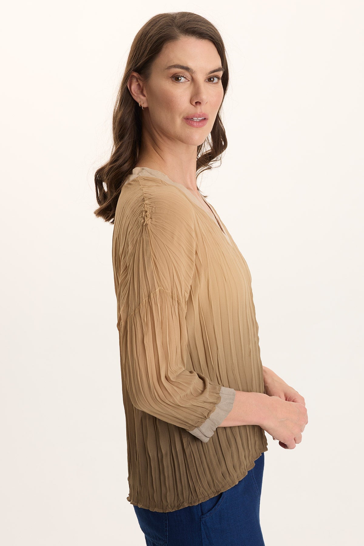 Hoyt Crinkle Pleat 3/4-Sleeve V-Neck