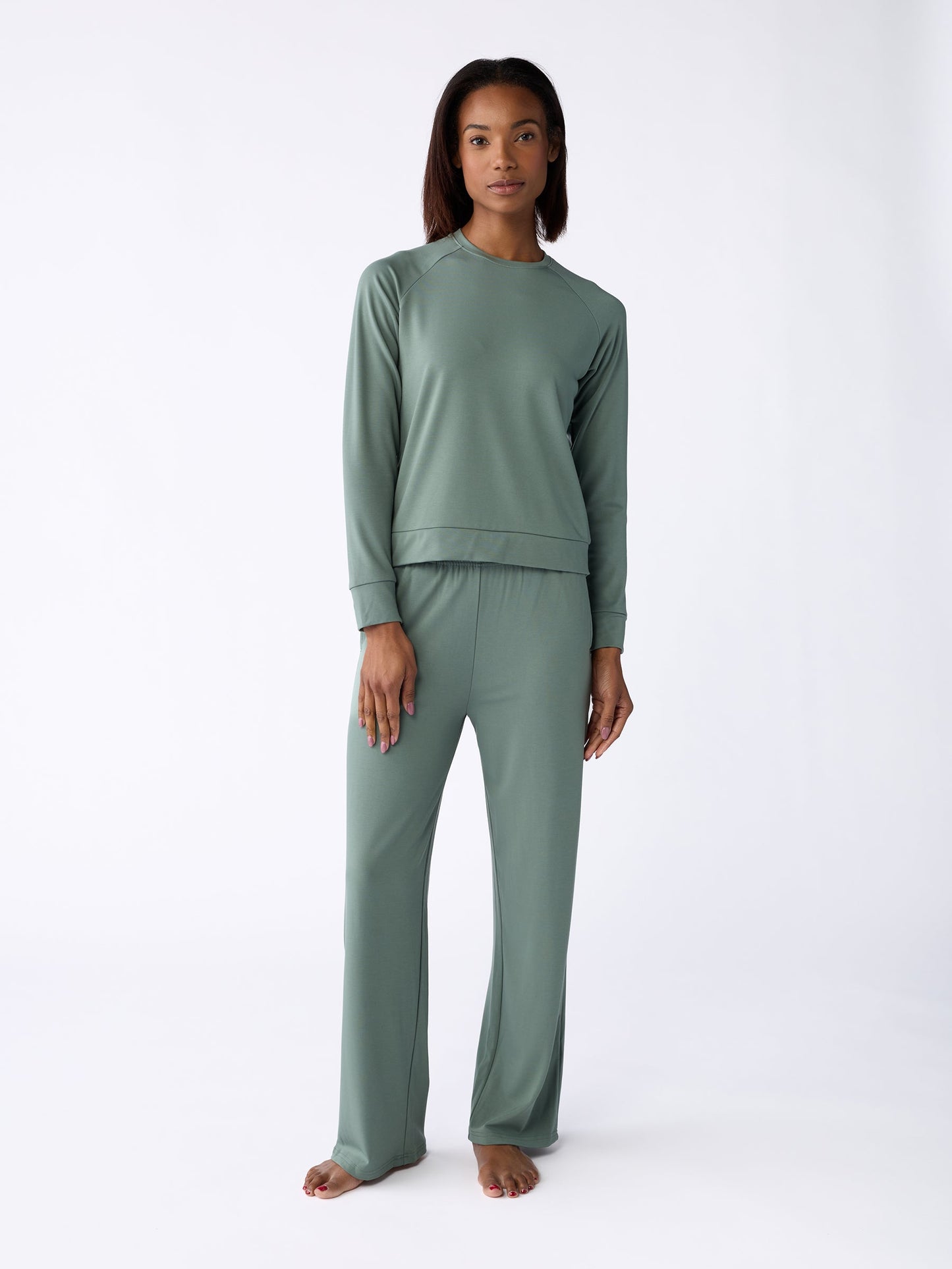 Women's Brushed Bamboo Wide Leg Pull On Pant & Pullover Crew Set
