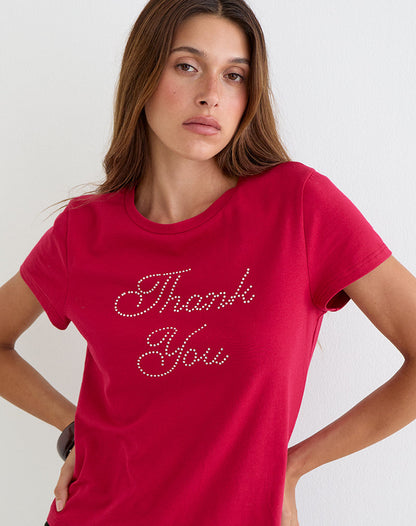 Alio Tee in Scarlet Red with Diamante Thank You Graphic