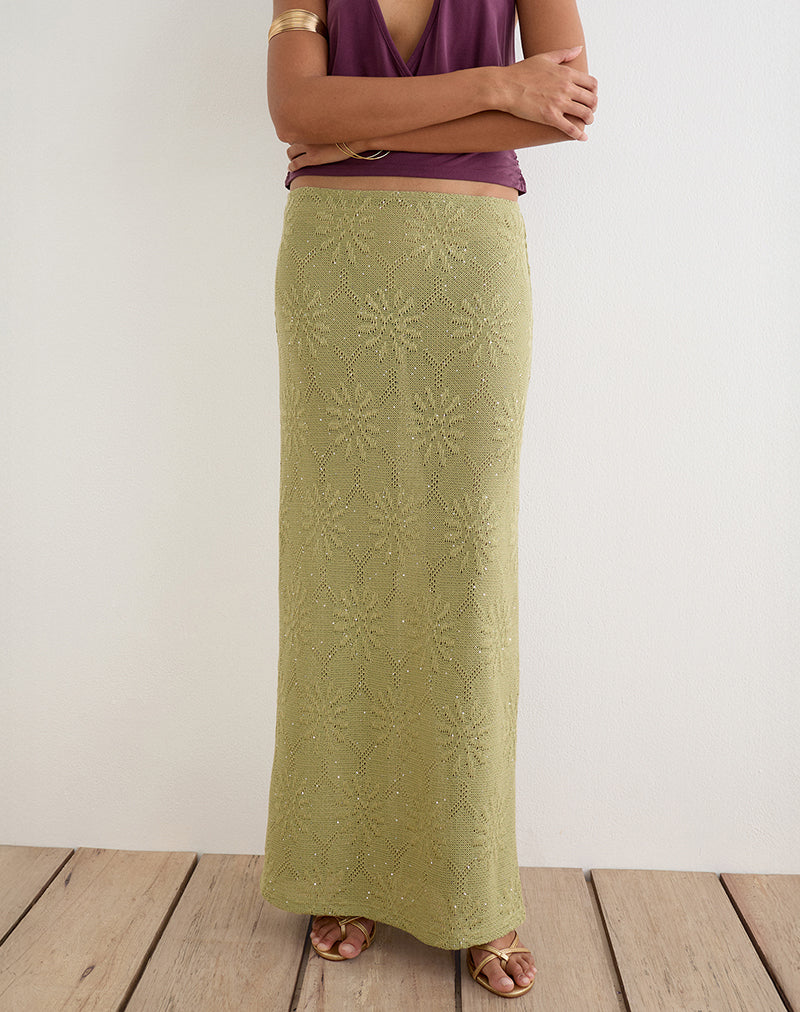 Aloria Maxi Skirt in Sequin Knit Green
