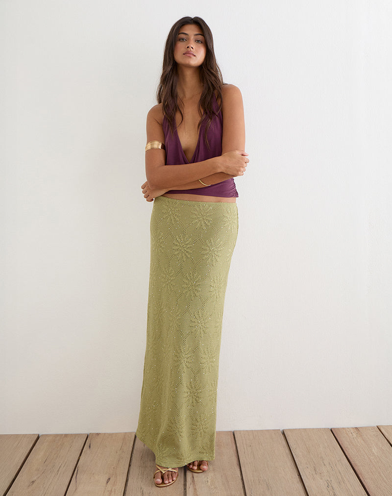 Aloria Maxi Skirt in Sequin Knit Green