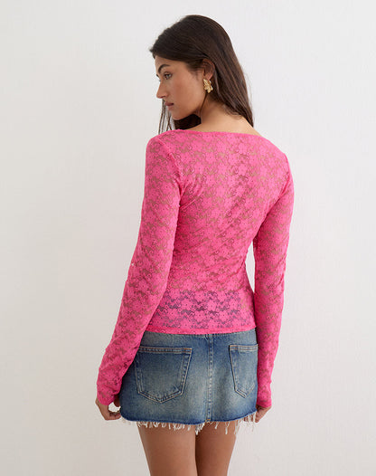Amabon Long Sleeve Top in Lace Hot Pink