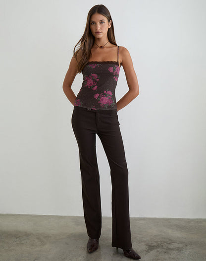 Anoda Cami Top in Brown with Pink Polka Dots and Roses Print