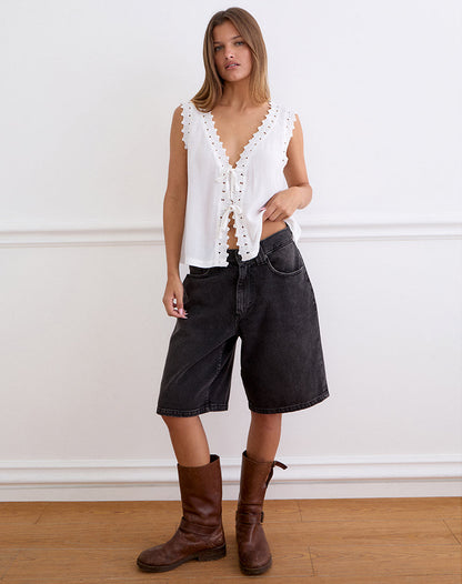 Argya Tie Front Top in Rayon White with Lace Trim
