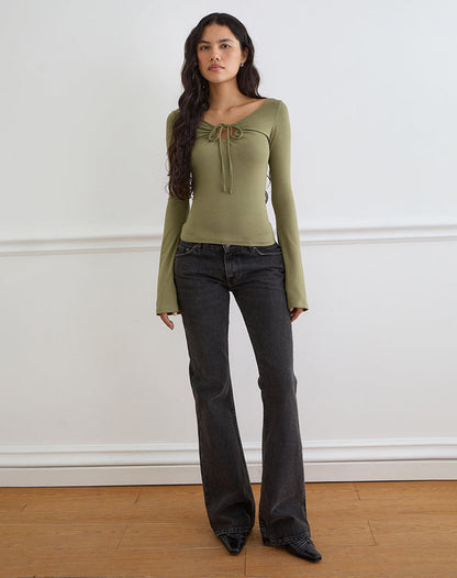 Armel Long Sleeve Keyhole Top in Rayon Jersey Khaki