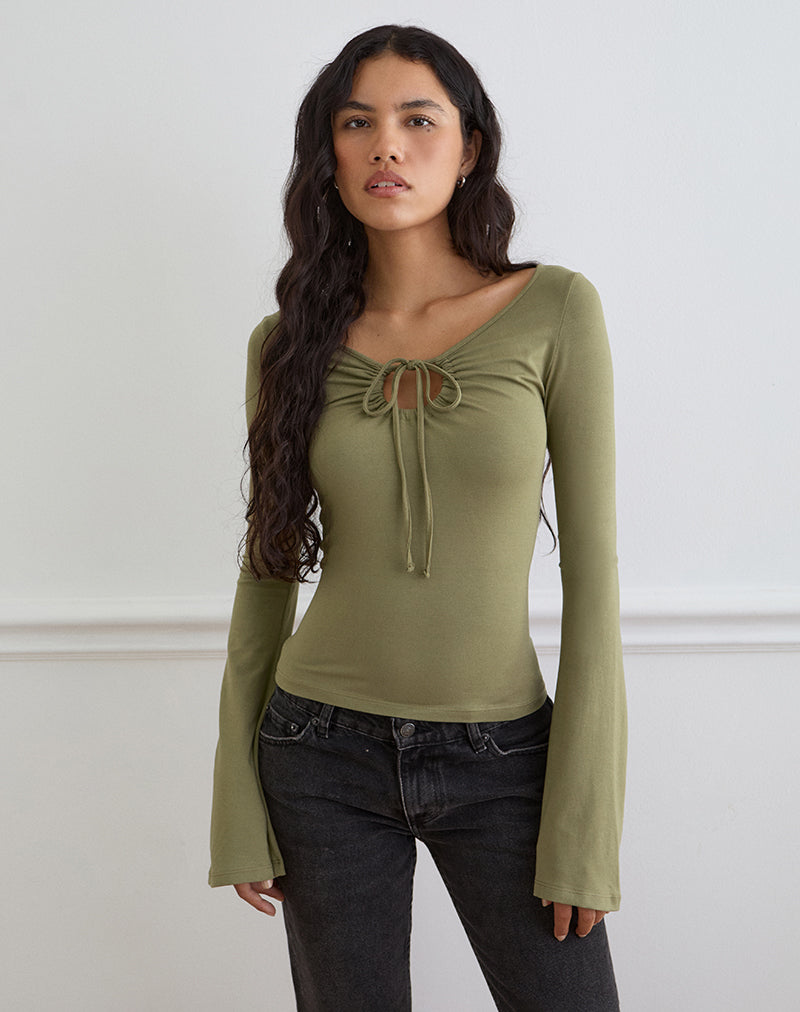 Armel Long Sleeve Keyhole Top in Rayon Jersey Khaki