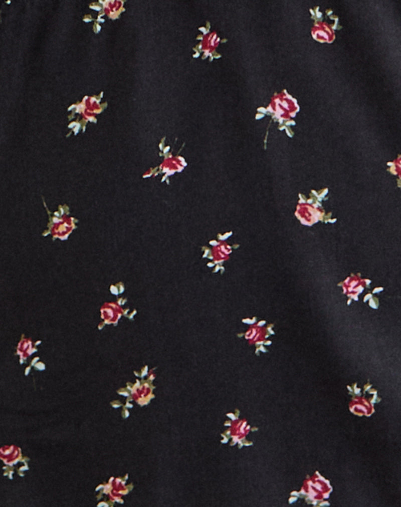Asana Top in Black with Red Rose Ditsy Print