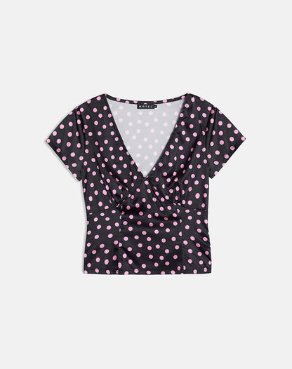 Asena Top in Black Satin Scattered with Pink Polka