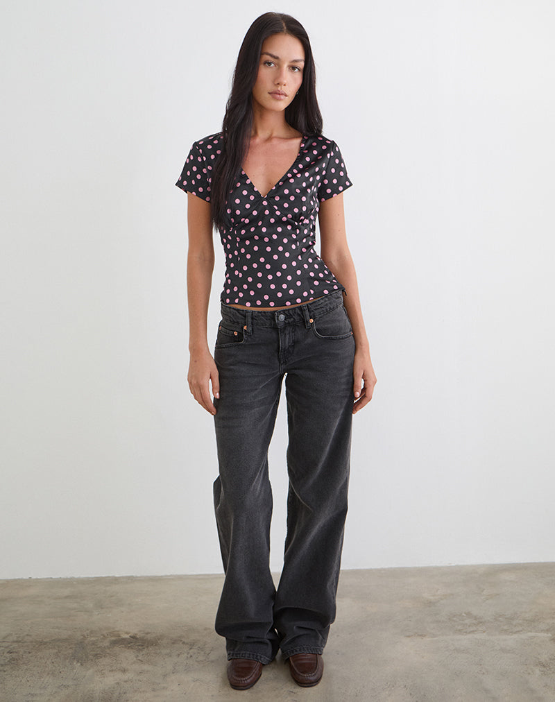 Asena Top in Black Satin Scattered with Pink Polka