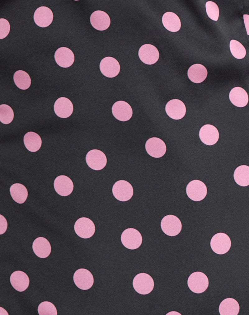 Asena Top in Black Satin Scattered with Pink Polka