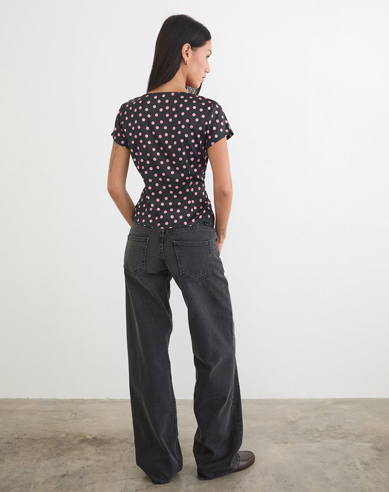 Asena Top in Black Satin Scattered with Pink Polka