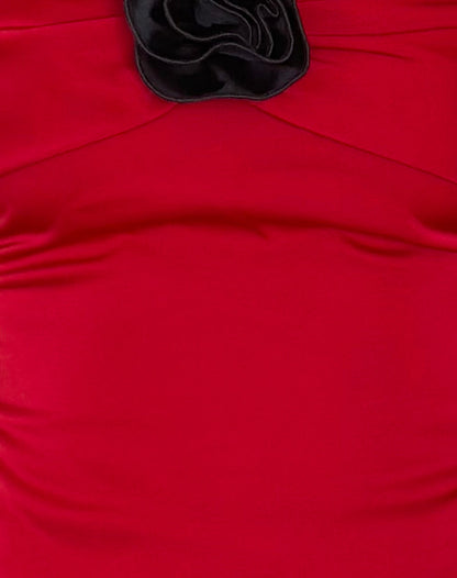 Astrum Satin Bandeau Top in Red with Black Rose