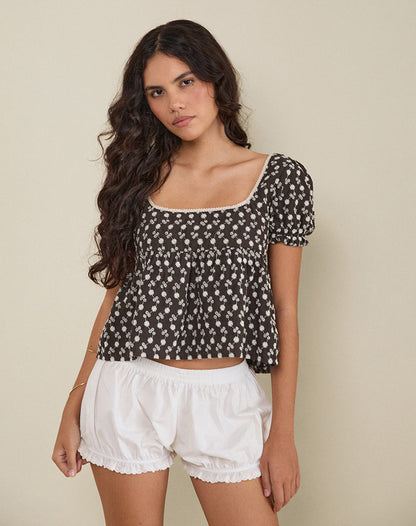 Axoni Square Neck Blouse in Floral Broderie Brown