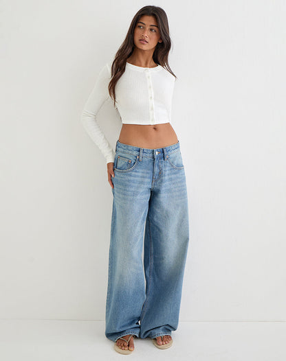 Badia Long Sleeve Cropped Cardigan in Pointelle Knit White