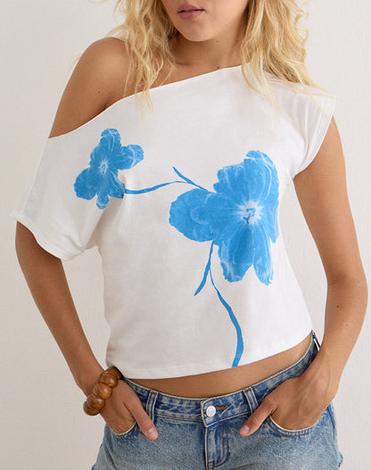 Balia Asymmetric Short Sleeve Top in Off White with Blue Flower Silhouette