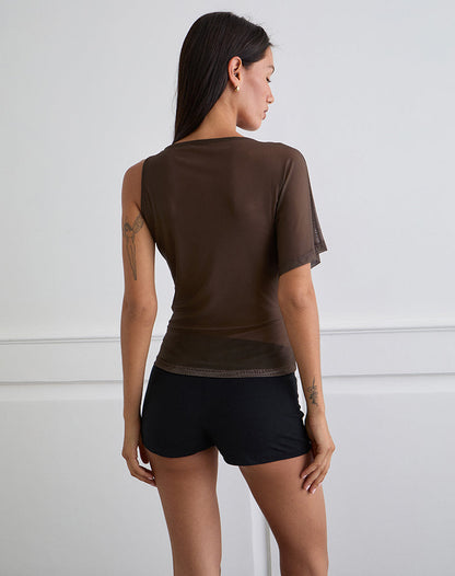 Balsa One Shoulder Top in Brown with Pink Flower Print