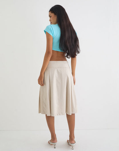 Babete Pleat Midi Skirt in Cotton Light Twill Stone