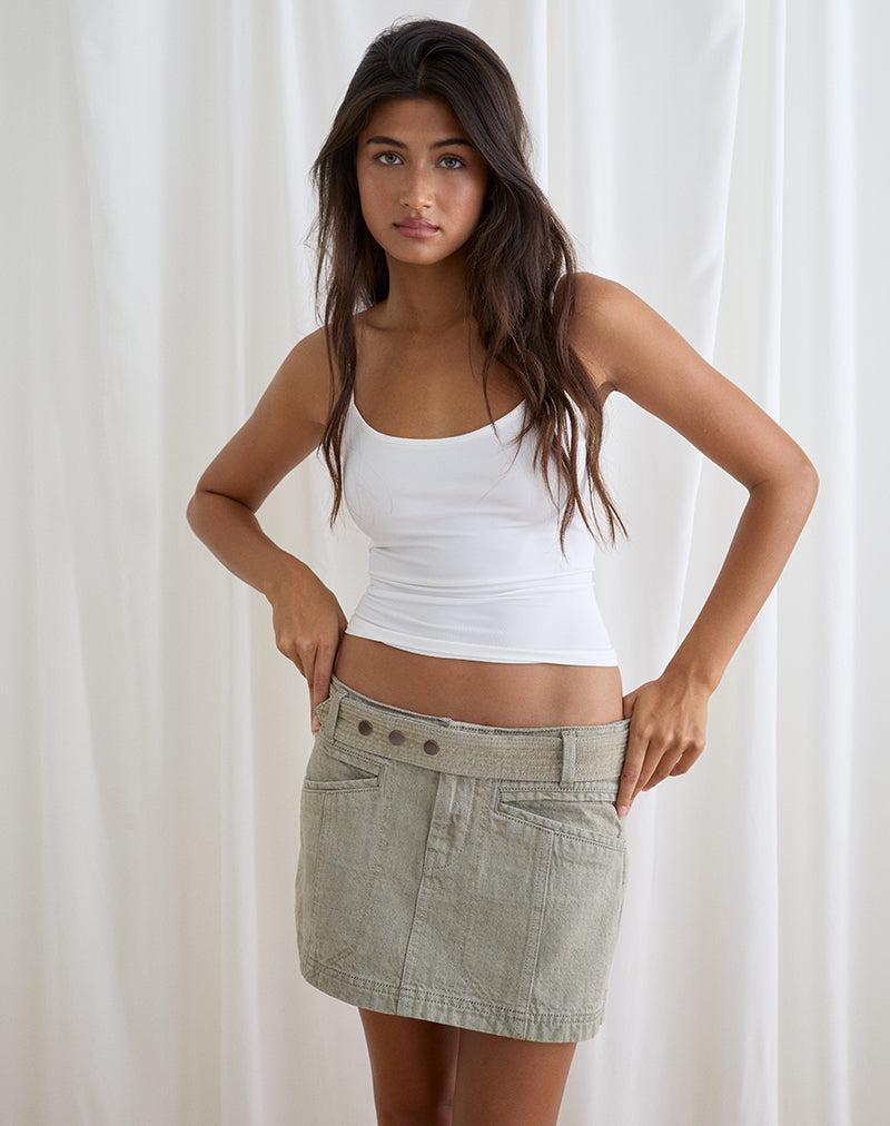 Belted Denim Mini Skirt in Oat