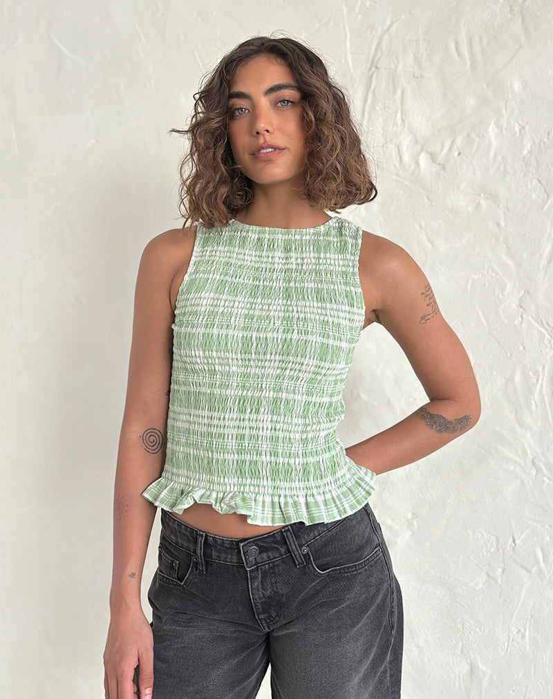 Birita Shirred Top in Table Cloth Neo Mint