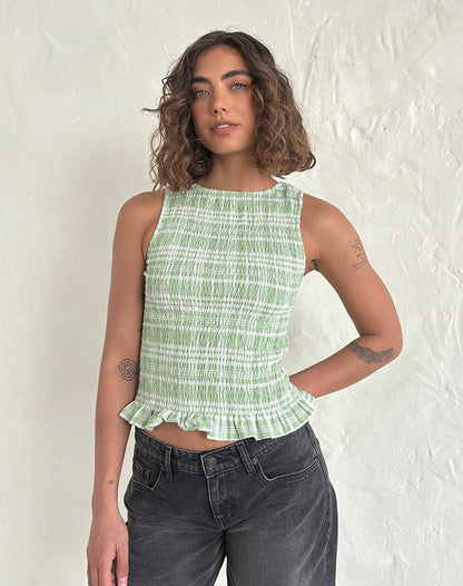 Birita Shirred Top in Table Cloth Neo Mint