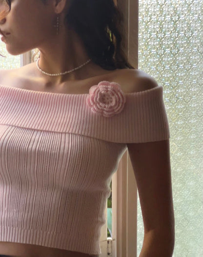 Brenda Knitted Bardot Top in Pink with Rosette