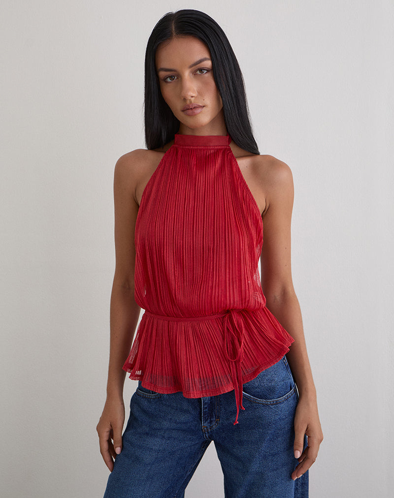 Brienne Top in Shimmer Plisse Red