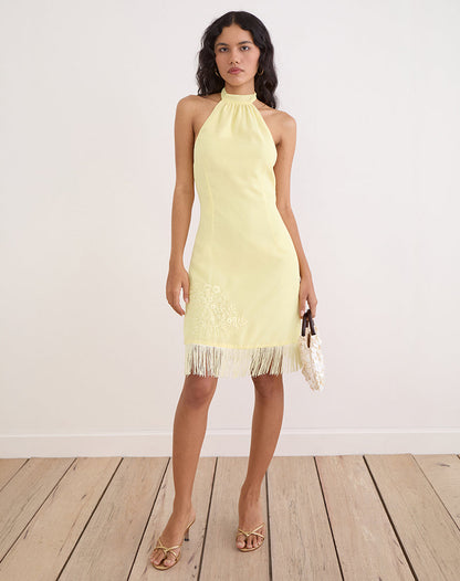Brisea Mini Dress in Lemon with Vintage Bloom Embroidery