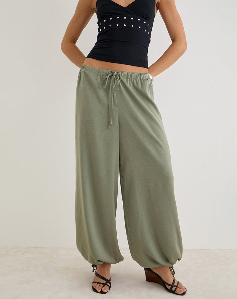 Brizid Balloon Trouser in Crinkle Satin Khaki