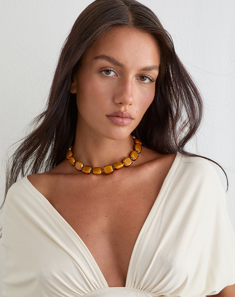 Brown Square Beaded Gold Plated Necklace
