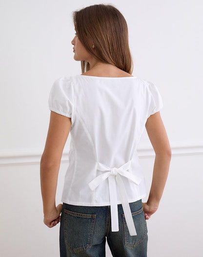 Caixia V Neck Blouse in Poplin White