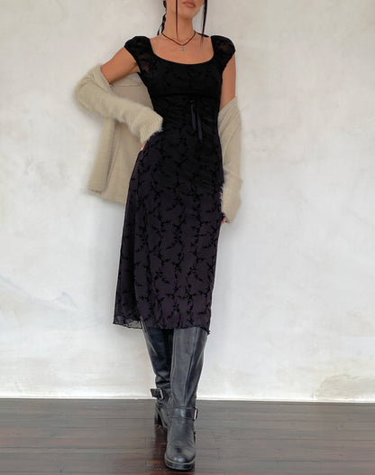Clarisse Midi Dress in Mesh Vine Flower Black