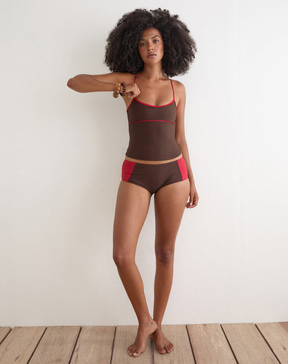 Avilina Swim Short in Brown with Red Binding