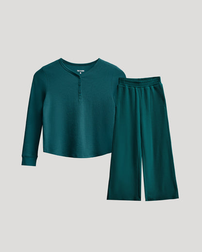 Girls Deep Emerald Waffle Long Sleeve Henley & Waffle Leg Pants 2-Pack