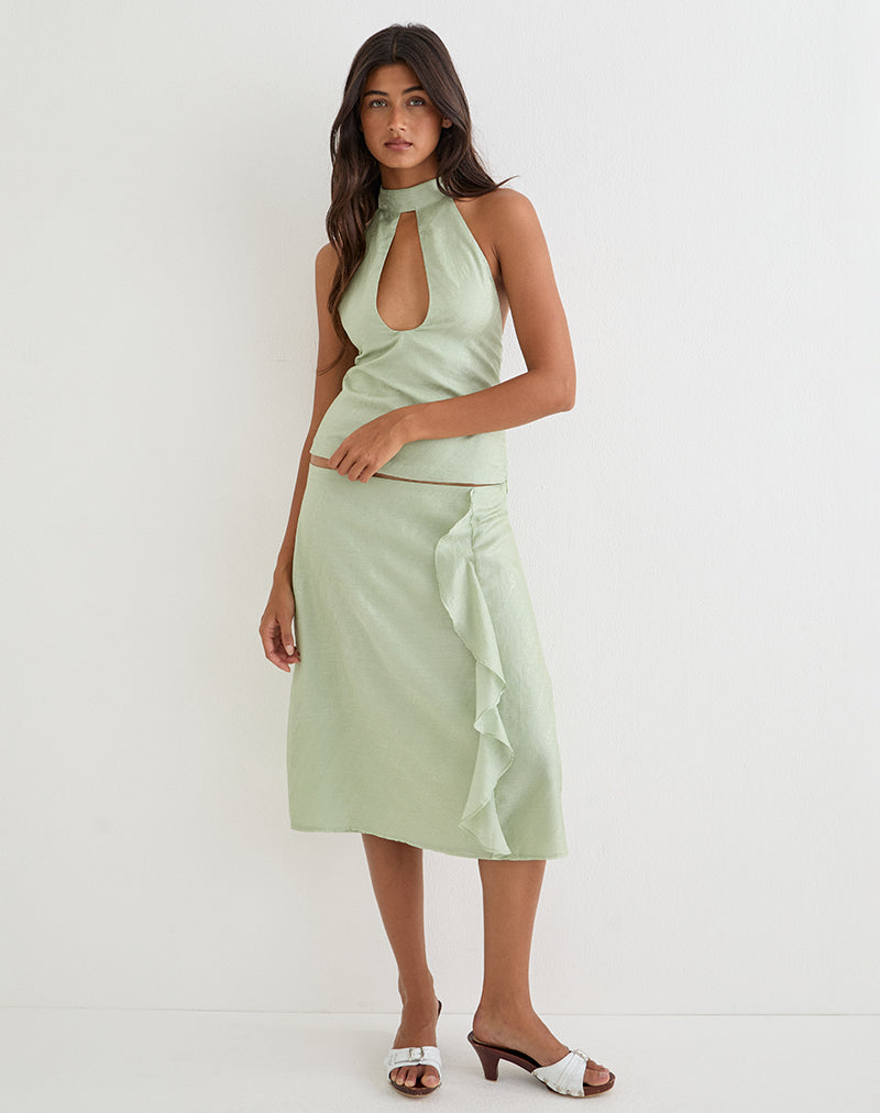 Aksaya Midi Skirt in Shimmer Chiffon Olive