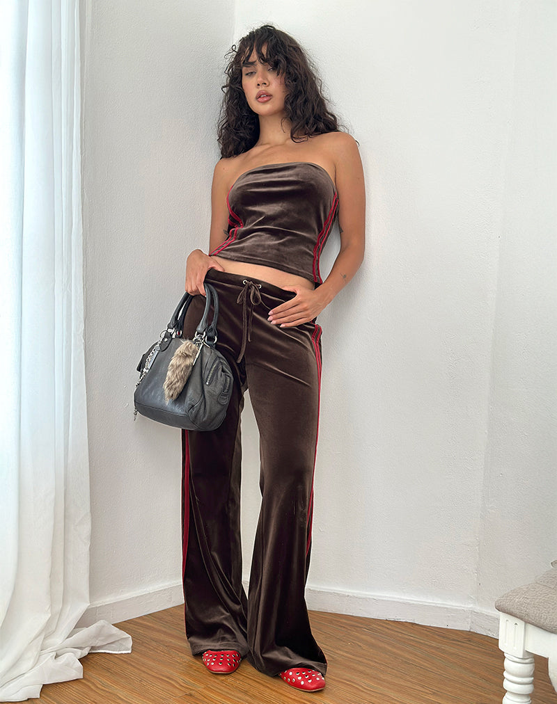 Belita Trosuers in Brown Velour with Red Side Stripe