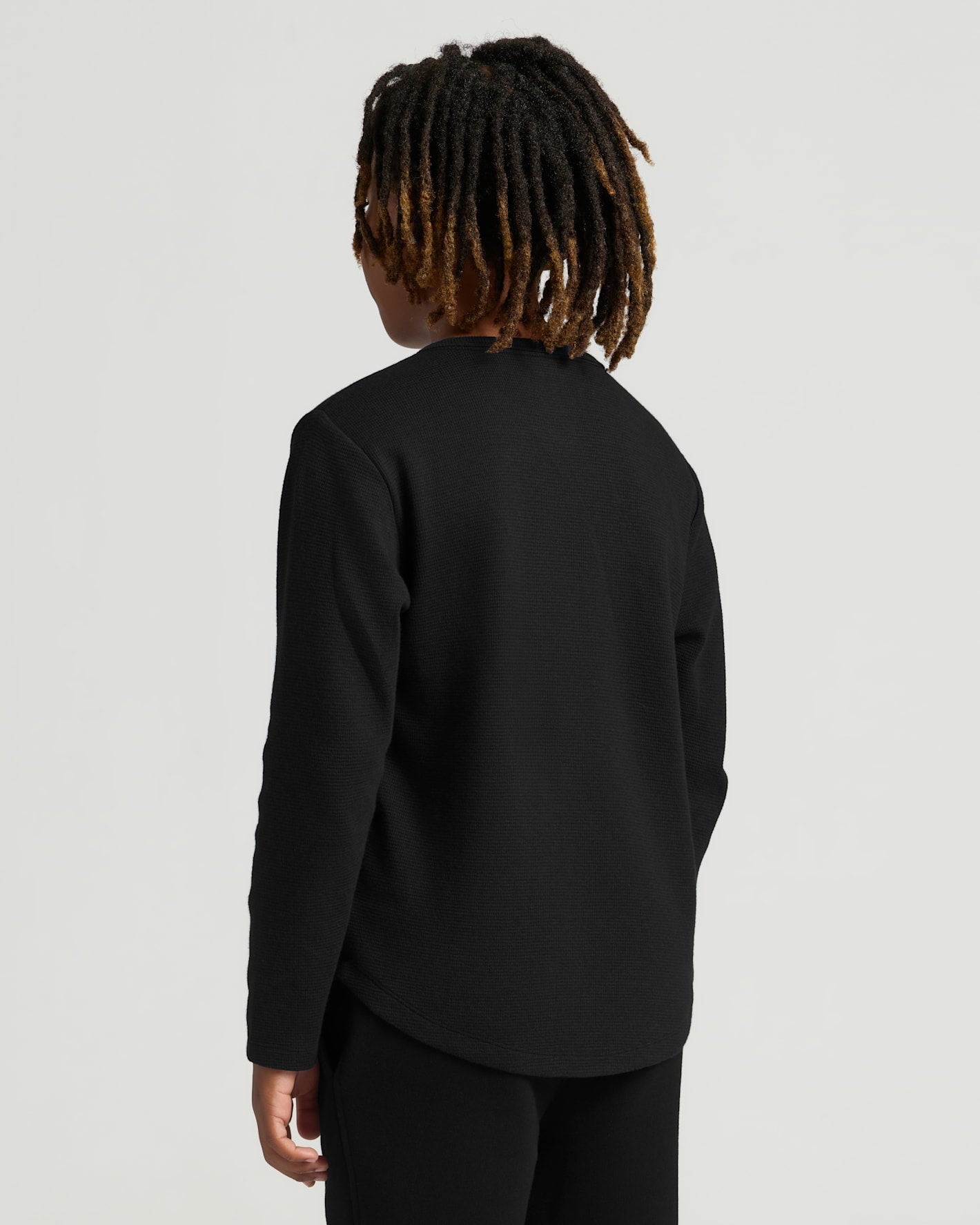 Boys' All Black Waffle Long Sleeve Curved Hem Henley 6-Pack