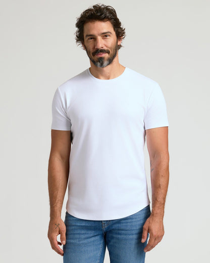 White Pima Cotton Blend Curved Hem Crew