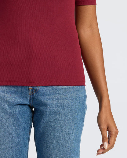 Womens Dark Maroon Ribbed 3/4 Sleeve Scoop Neck Tee