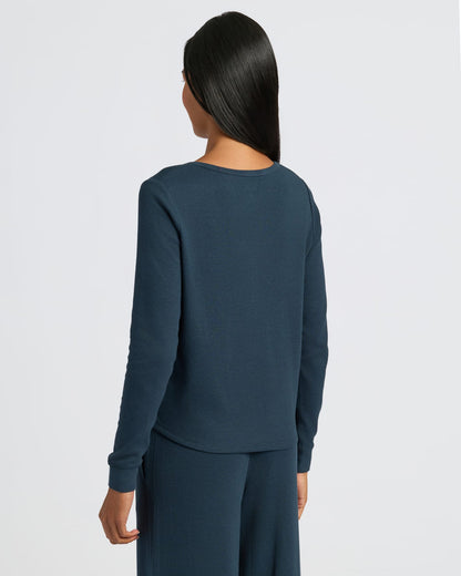 Womens Navy Waffle Long Sleeve Boxy Henley