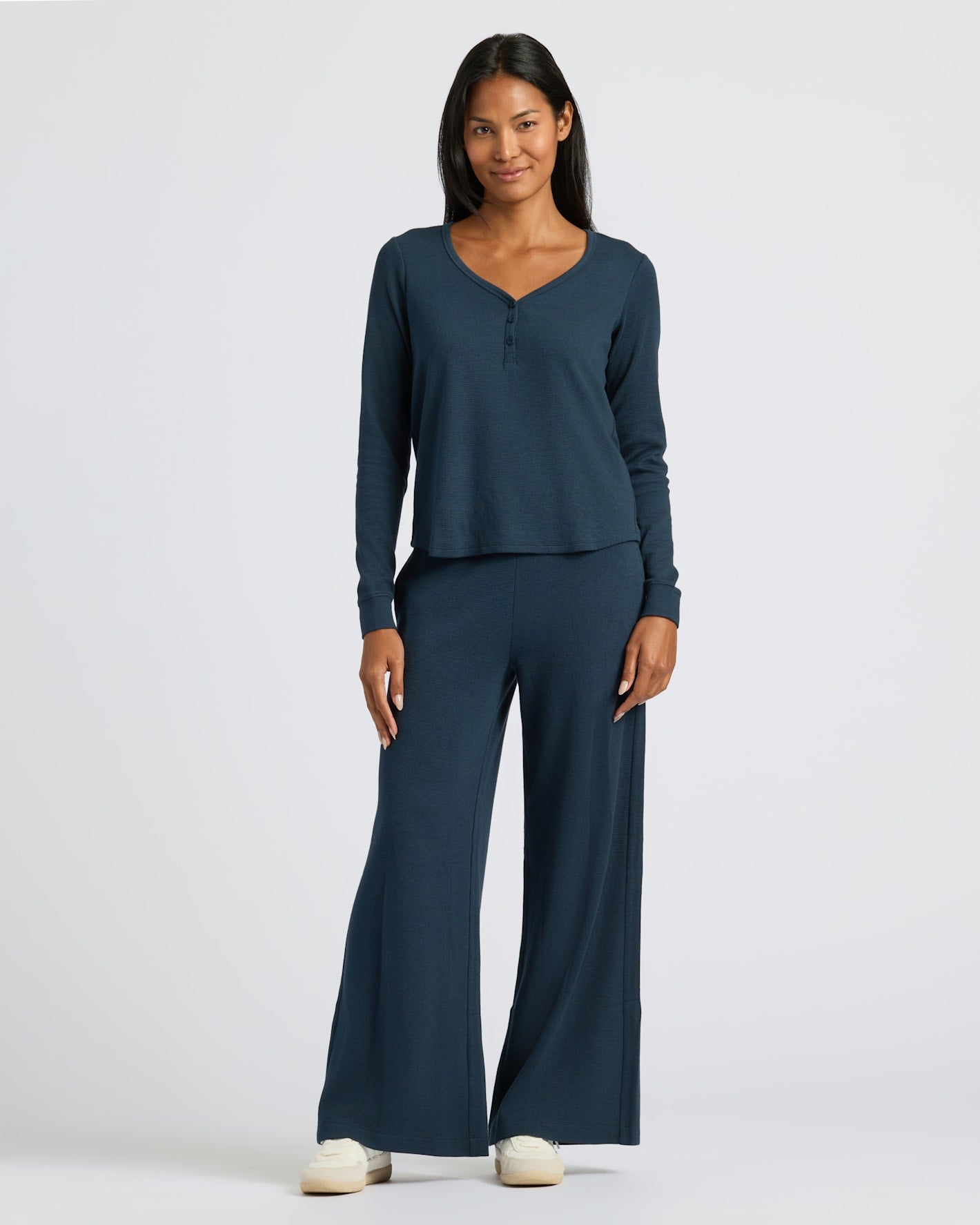 Womens Navy Waffle Long Sleeve Boxy Henley