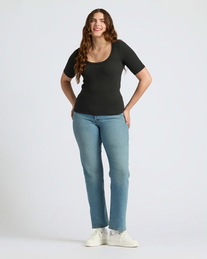 Womens Black Ribbed 3/4 Sleeve Scoop Neck Tee 3-Pack