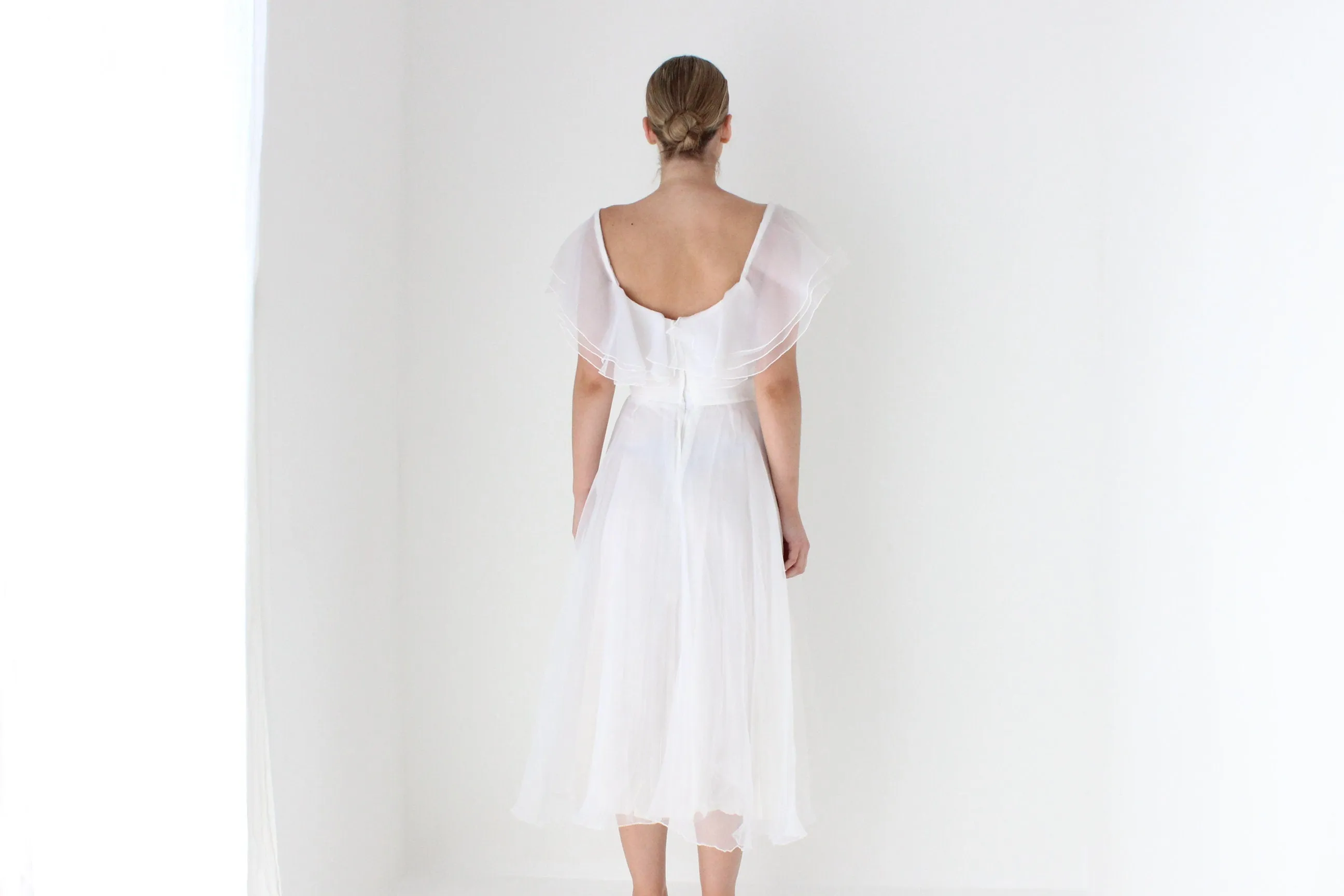 1970s Layered Ivory Organza Ruffle Cocktail Dress