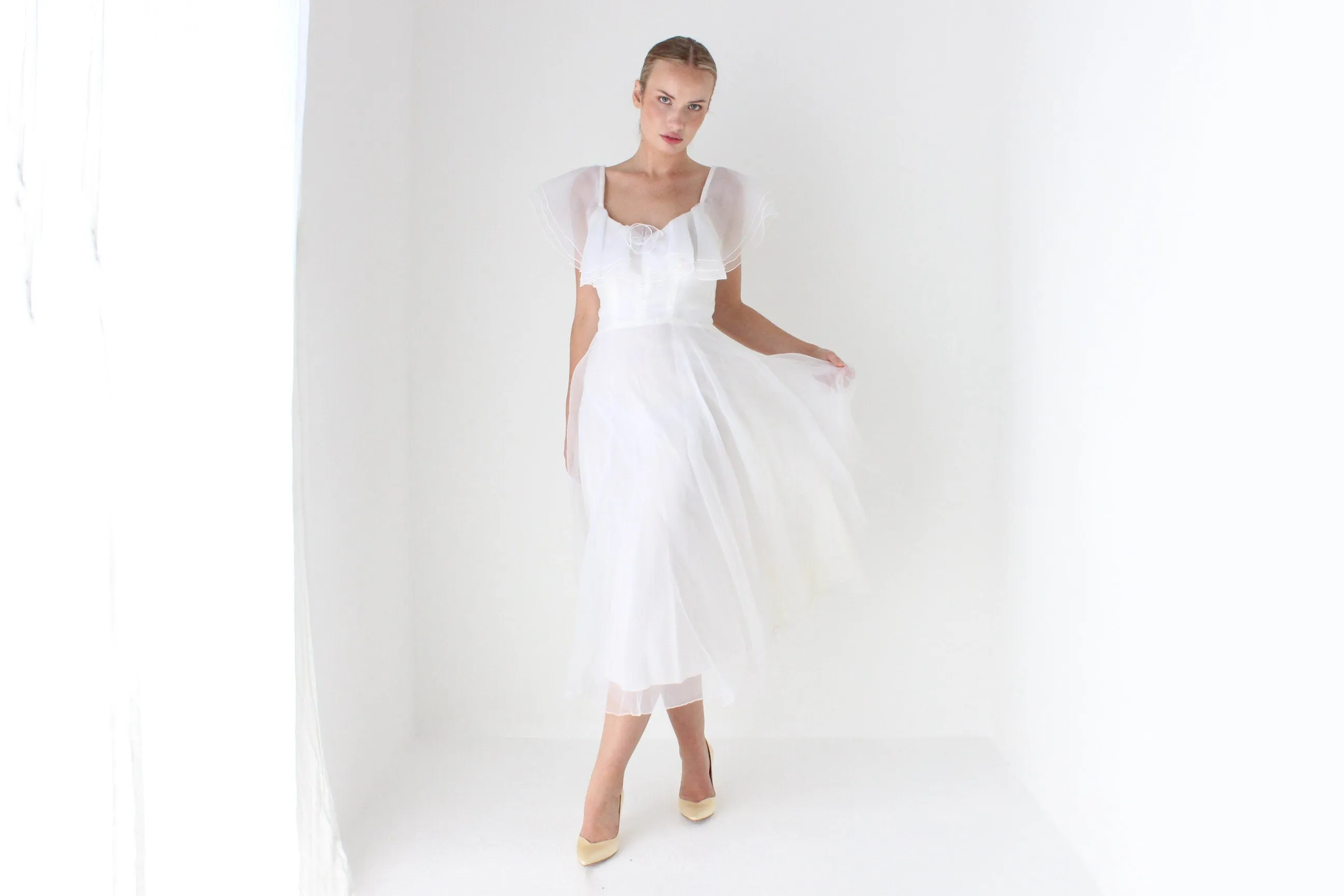 1970s Layered Ivory Organza Ruffle Cocktail Dress