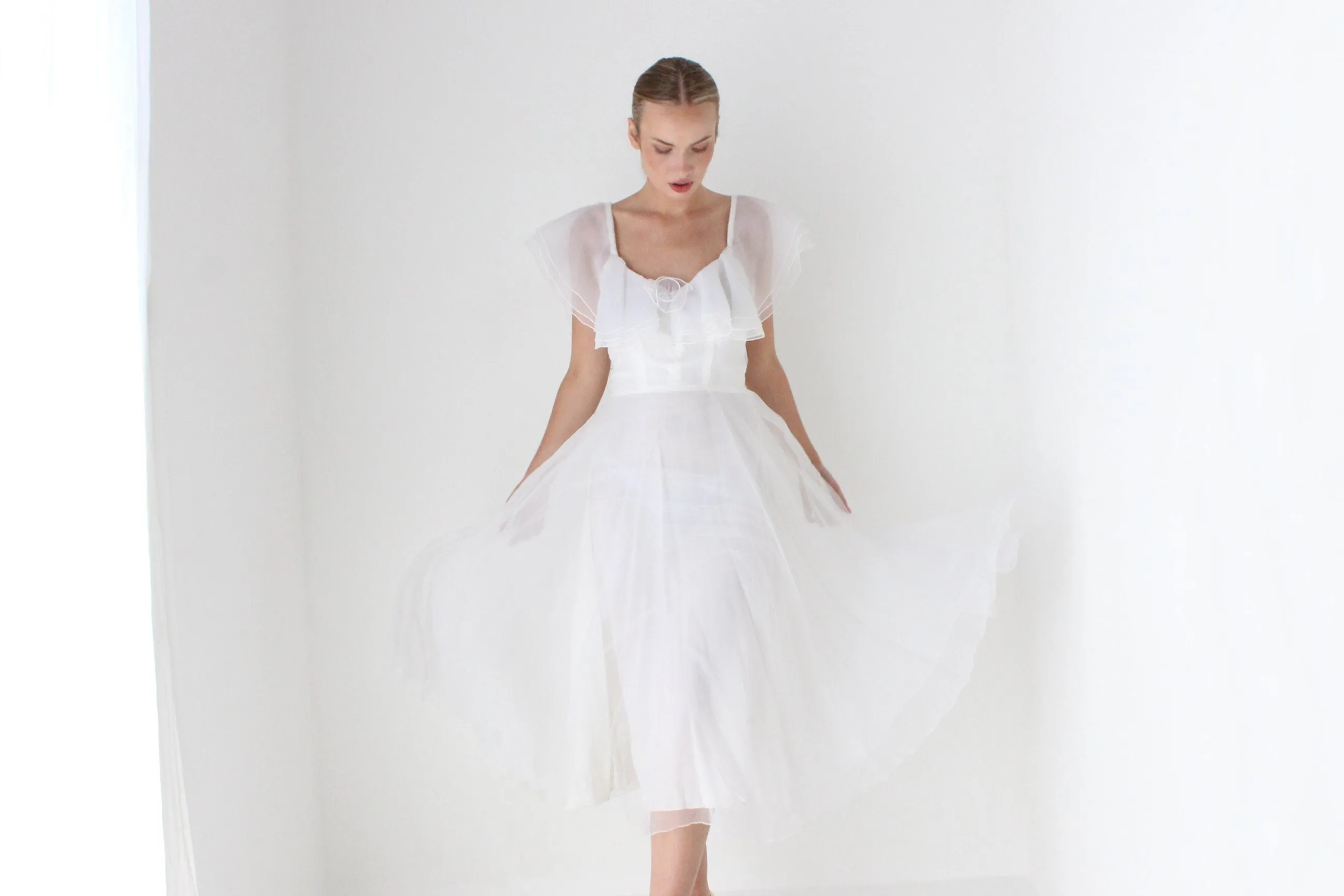 1970s Layered Ivory Organza Ruffle Cocktail Dress