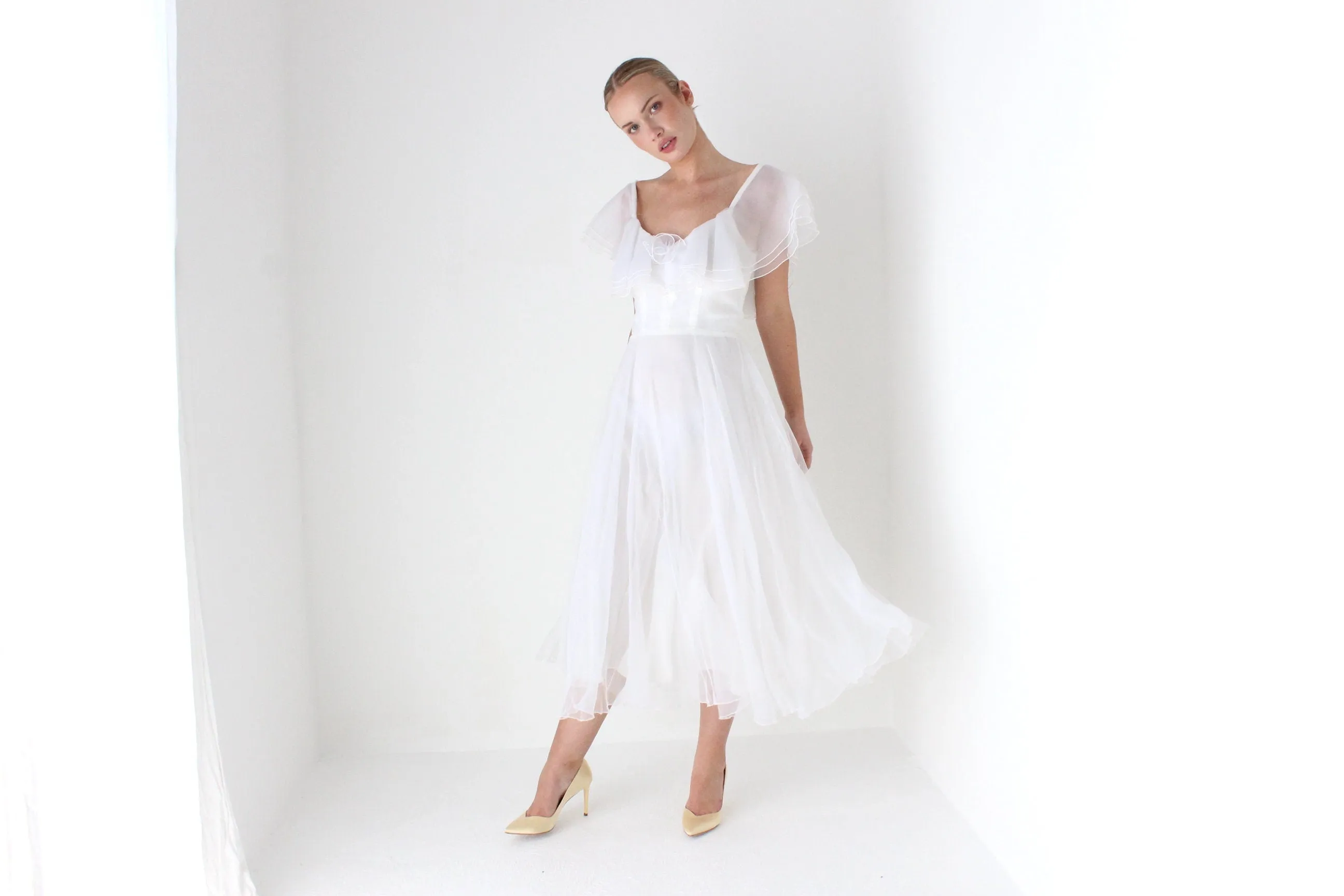 1970s Layered Ivory Organza Ruffle Cocktail Dress