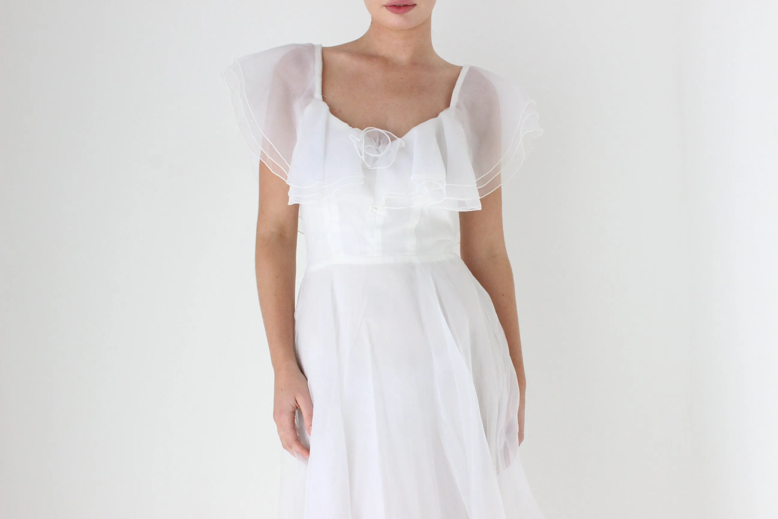 1970s Layered Ivory Organza Ruffle Cocktail Dress