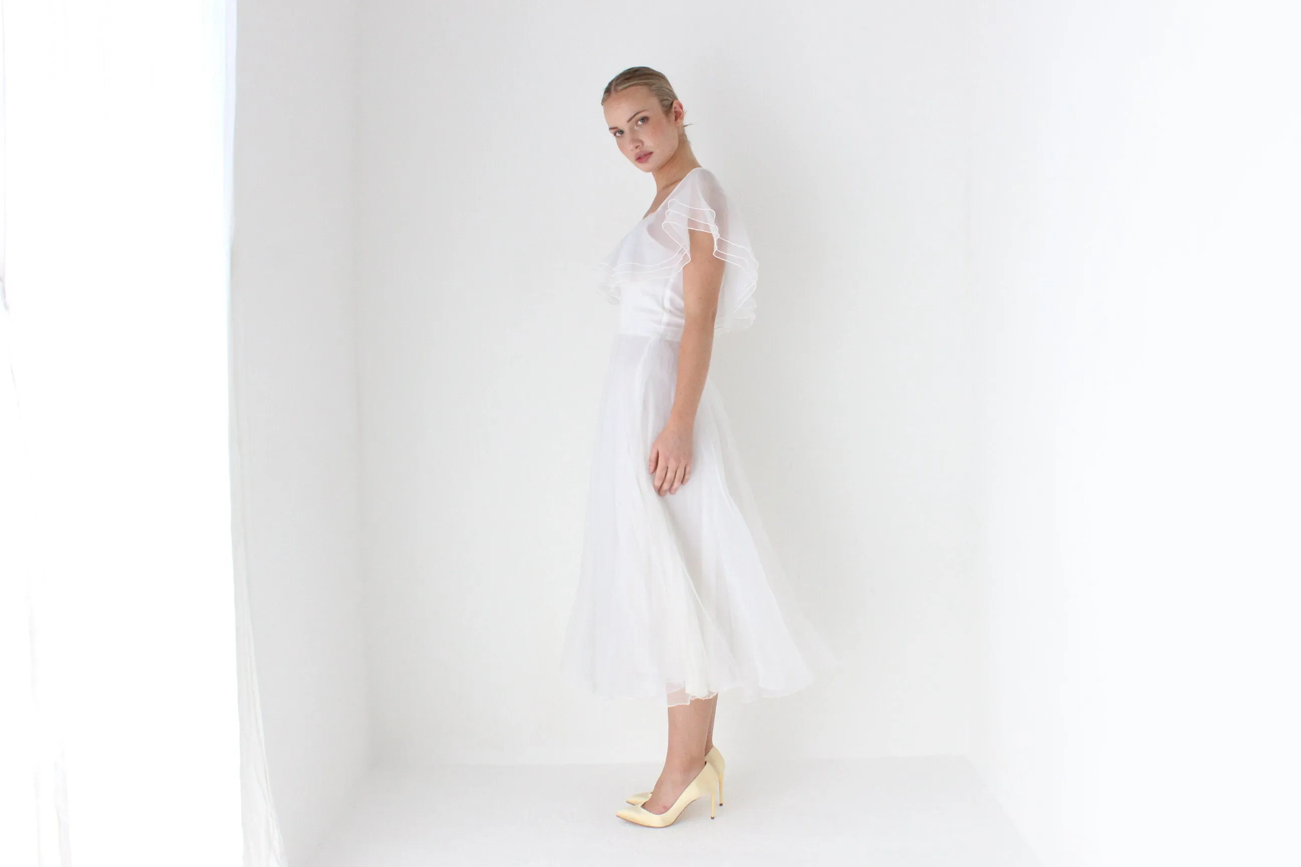 1970s Layered Ivory Organza Ruffle Cocktail Dress