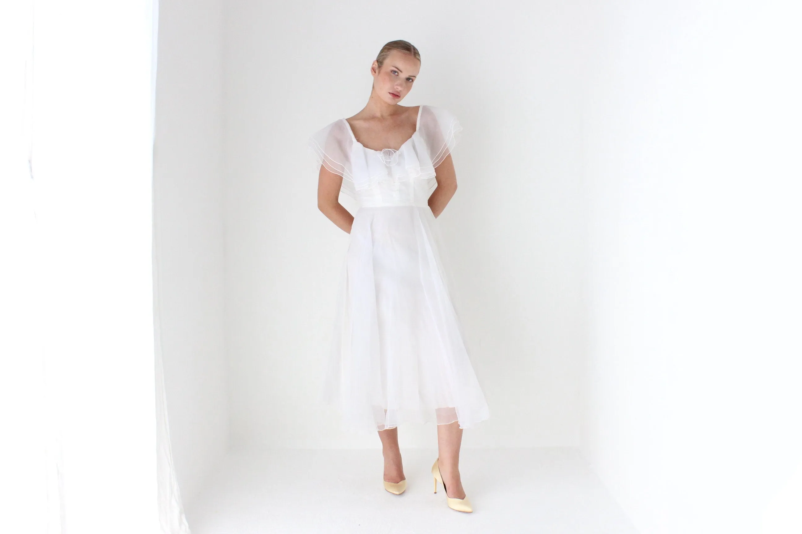 1970s Layered Ivory Organza Ruffle Cocktail Dress